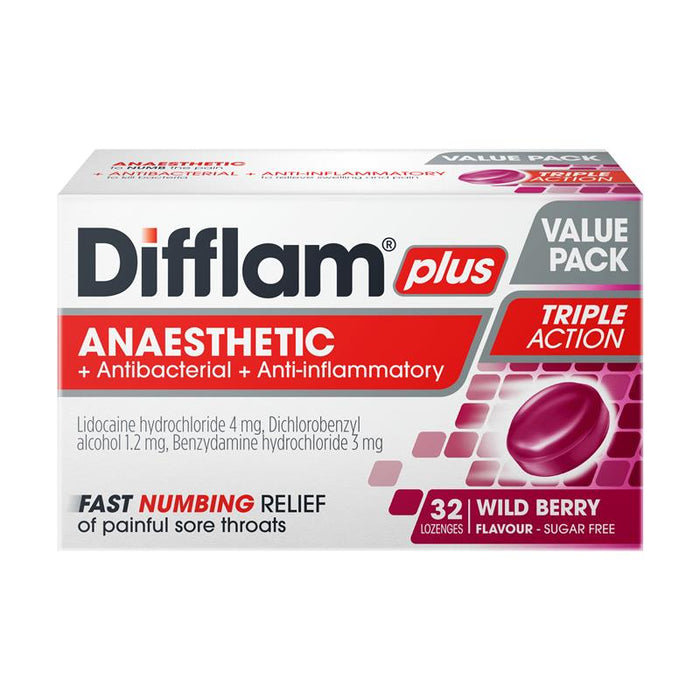 Difflam Plus Anaesthetic Wild Berry Sore Throat Value Pack 32s