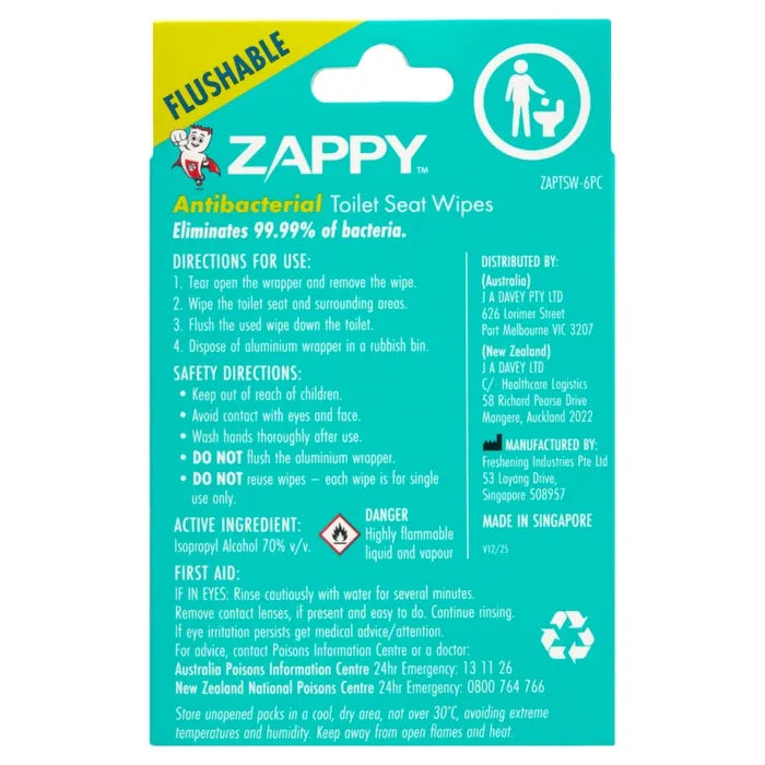 Zappy Antibacterial Toilet Seat Wipes 6s