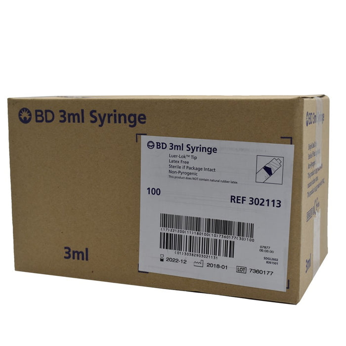 BD Plastipak 3mL Luer-Lok Syringe (No Needle) 100 Pack