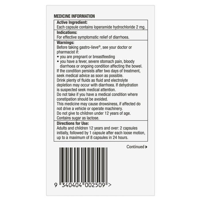 Gastro-Lieve Loperamide 2mg 20 Capsules
