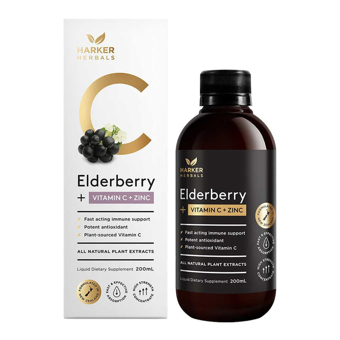 Harker Herbals Be Well Elderberry + Vitamin C + Zinc - box and bottle