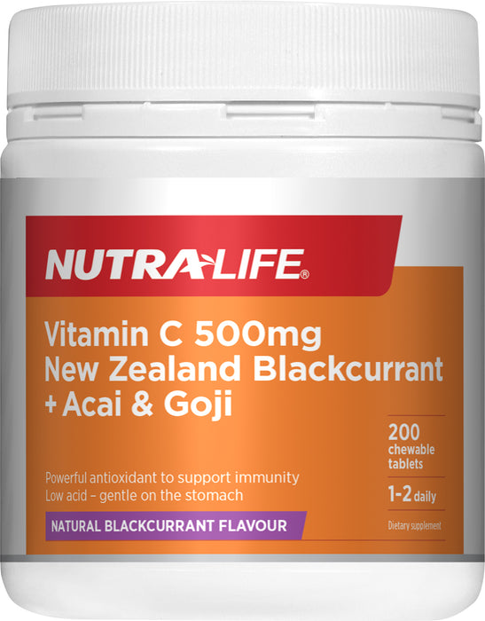 Nutralife Vitamin C 500mg NZ Blackcurrant+Acai & Goji Chewable Tablets