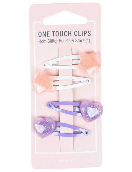 Adorn By Mae 4cm Glitter Hearts & Stars One Touch Clip 4s
